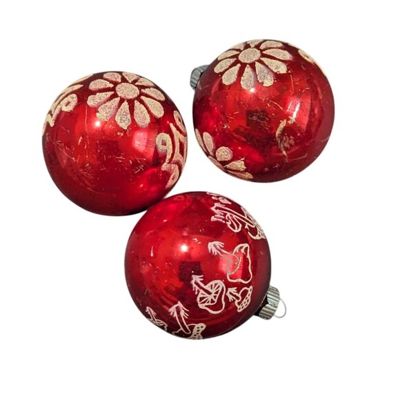 Shiny Brite Red Glass Christmas Ornaments Set Of 3 USA Made 2" Vintage Glitter - Picture 1 of 5
